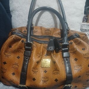 MCM Cognac and Black Logo Satchel